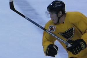 Blues' third-rounder James Livingston heads for the net at the Blues' Development Camp