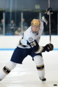 Blues' first-rounder Ian Cole winds up for a shot from the point for the Notre Dame Fighting Irish