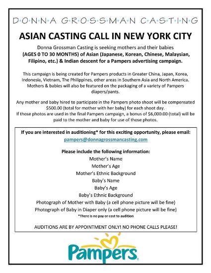 Casting call for Pampers advertising campaign seeking Asian moms and babies